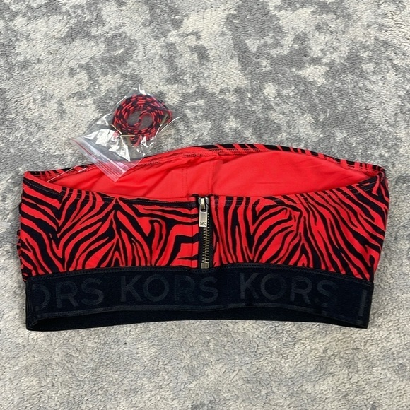 New MICHAEL Michael Kors Zebra Zip Back Bandeau Swim Bikini Top Red Black XS - Picture 8 of 11